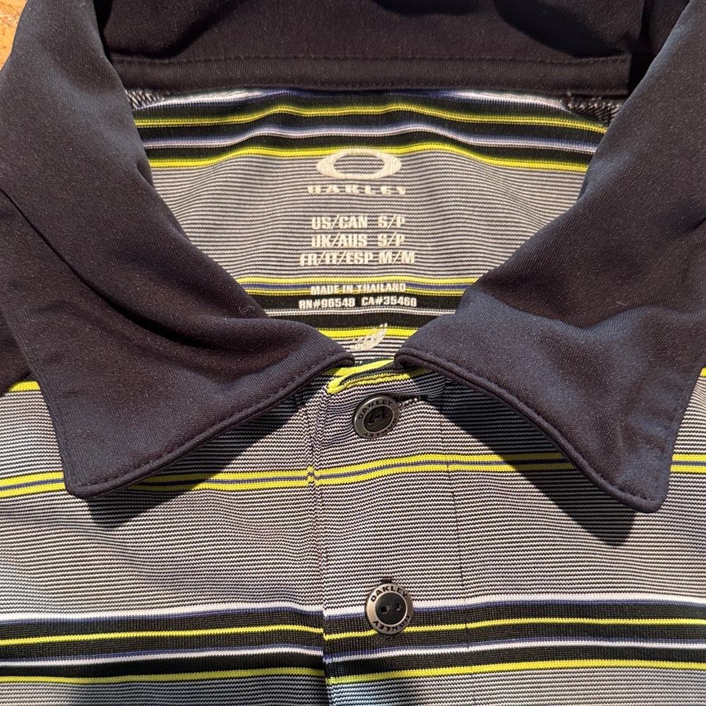 Oakley Men's Polo Shirt - Black, Gray, and Yellow Stripes sz s